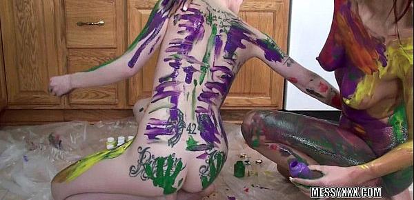  Tattooed redheads Indigo and Lavender get erotic with paint